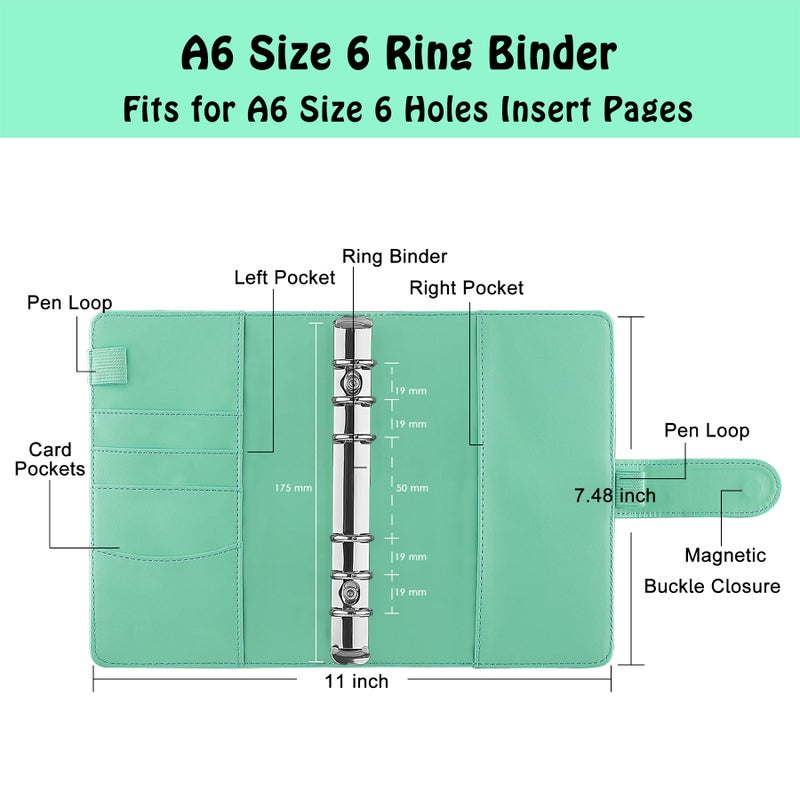 Antner A6 Binder 6 Ring Refillable Notebook Planner for A6 Refill Paper, PU Leather Loose Leaf Personal Budget Planner Money Organizer Cash Stuffing Binder with Magnetic Buckle Closure, Light Green - Image 2